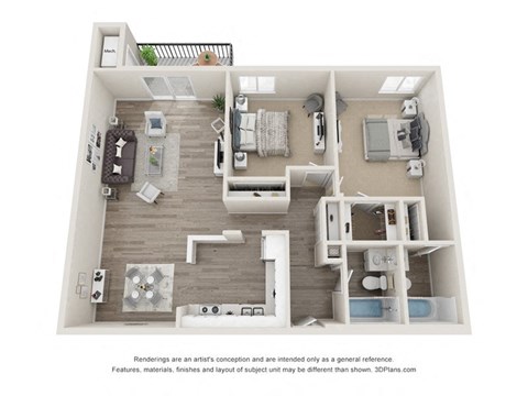 Floor plan for 2 beds, 2 baths, 1100 sqft